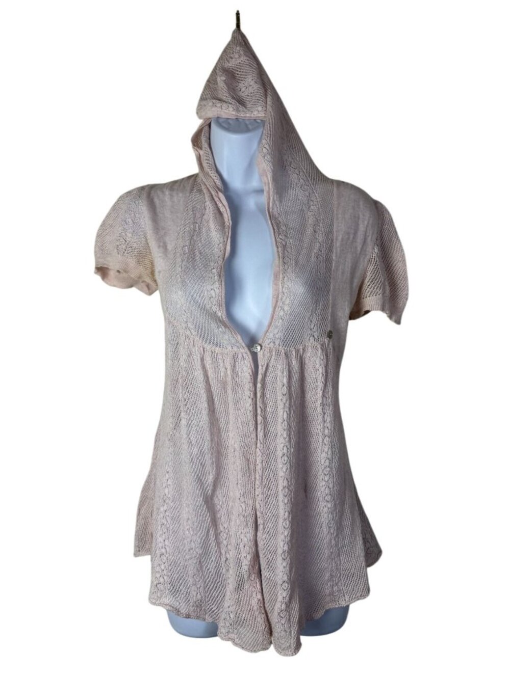 Knitted & Knotted Babydoll Hood Cardigan Sweater Pink Lace Knit Short Sleeve XS